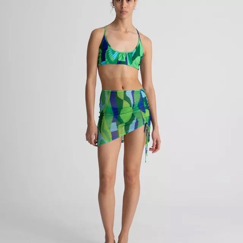 HOSBJERG Ginny Mesh Skirt Ruched Sarong Size S Green/Blue